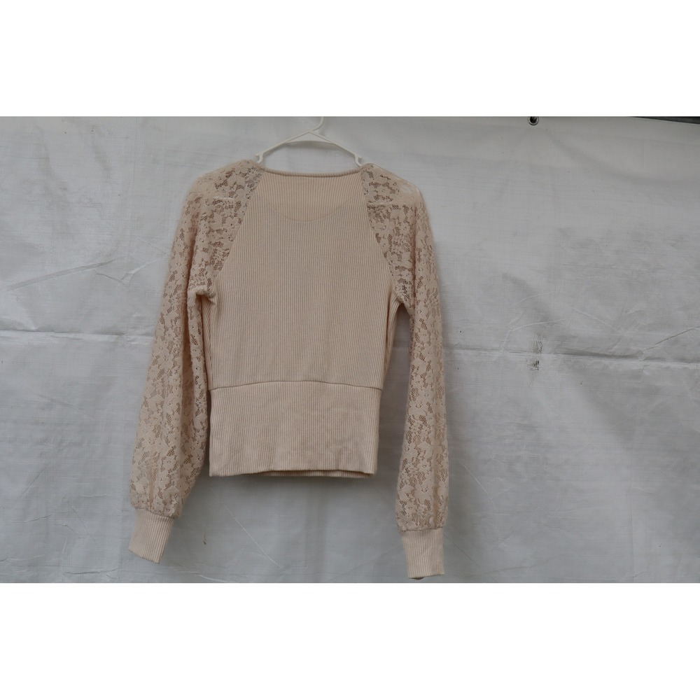 Anthropologie Cream Ribbed Wrap Women Top Lace Balloon Sleeve V-Neck Small - Picture 6 of 10